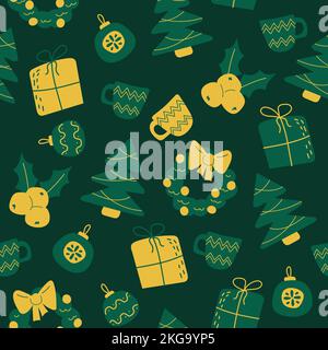 Joli et simple fait main Doodle christmas motif sans couture arrière-plan dans le style scandinave minimaliste, couleurs vertes et jaunes Illustration de Vecteur