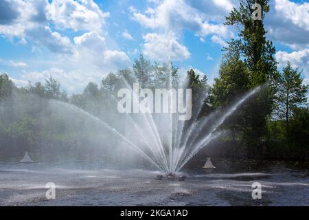 Fontaine sur le lac dans le parc. Jour ensoleillé d'été. Zone de repos. Banque D'Images