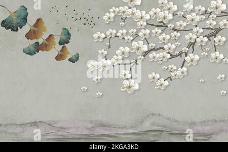 3d marbre murale paysage fond d'écran lumières papier peint vert simple. Les oiseaux dans les branches fleuissent le fond floral Ginko Biloba avec des fleurs et des herbes Banque D'Images