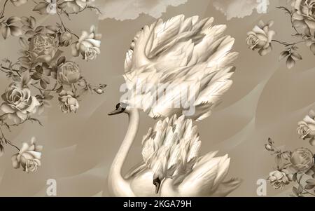 3d fonds d'écran mural classiques. branches florales et cygnes sur fond clair. Banque D'Images