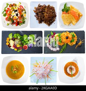 Collage de divers aliments pour le petit-déjeuner et le dîner sur fond blanc Banque D'Images