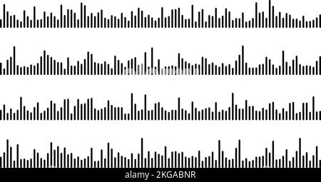 Jeu de barres d'ondes sonores noires. Musique, podcast, pistes audio ou messages vocaux. Collection d'éléments d'égaliseur. Concepts de diagramme, de diagramme ou de signal. Illustration de Vecteur