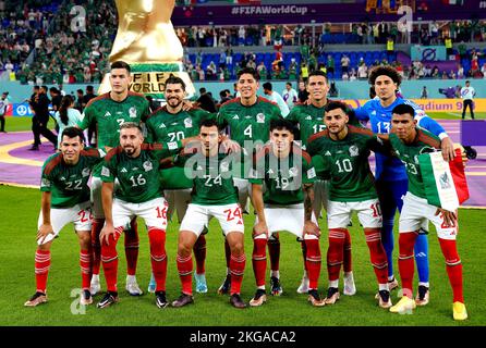 Cesar Montes au Mexique, Henry Martin, Edson Alvarez, Hector Moreno, Guillermo Ochoa, Hirving Lozano, Hector Herrera, Luis Chavez, Jorge Sanchez, Alexis Vega et Jesus Gallardo avant le match du groupe C de la coupe du monde de la FIFA au stade 974, Rass Abou Aboud. Date de la photo: Mardi 22 novembre 2022. Banque D'Images