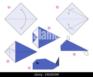 Tutoriel Origami pour les enfants. Origami mignon baleine. Illustration de Vecteur