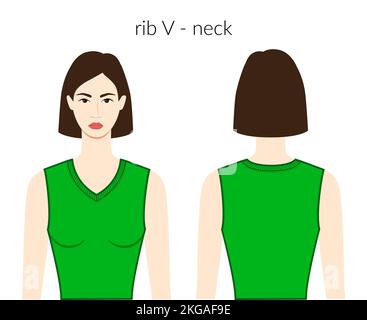 Rib V - encolure vêtements tricot, chandails caractère belle dame en vert haut, chemise, robe technique mode illustration avec corps ajusté. Modèle de vêtement plat à l'avant et à l'arrière. Femmes hommes unisexe mockup Illustration de Vecteur