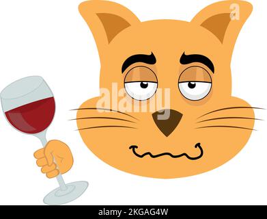 illustration vectorielle du visage d'un chat de dessin animé ivre avec un verre de vin en main Illustration de Vecteur