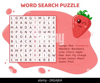 Puzzle de recherche de mots avec fruits et baies. Illustration de Vecteur