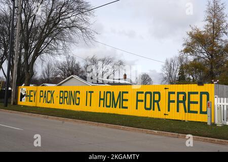 Une maison sur Lombardi Ave rendant hommage aux Packers de Green Bay qui courent en arrière A.J. Dillon en face de lambeau Field, mercredi 16 novembre 2022, à Green Bay, WISC. Banque D'Images