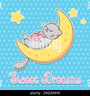 Carte postale Sweet Dreams. Le chat dort sur la Lune mignon simple vecteur plat..illustration.. Illustration de Vecteur