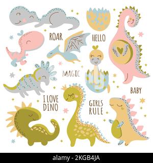 DINO PERSONNAGES anniversaire dessin plat dessin main dessin animé dessin animé adorable animal dessin animé clip Art Set pour l'impression Illustration de Vecteur