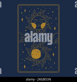 Carte oracle esthétique Tarot. Motif Tarot occulte avec symboles célestes. Illustration vectorielle isolée sur fond bleu Illustration de Vecteur
