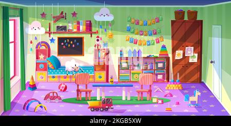 Chambre d'enfants, intérieur de chambre d'enfant avec lit, jouets, meubles en bois, étagères et équipement pour les jeux et l'étude, tableau noir, bureau et chaises, endroit confortable pour la vie de bébé, illustration vectorielle de dessin animé Illustration de Vecteur