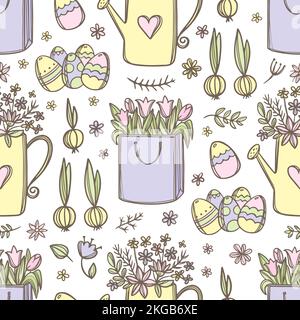 FORFAIT PÂQUES avec bouquet de printemps festif tulipes fleurs printanières en arrosoir et œufs de Pâques dessinés à la main Schéma vectoriel Illustration pour P Illustration de Vecteur