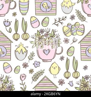 MUG DE PÂQUES avec bouquet festif de fleurs mignons poussins et birdhouses avec oiseaux dessin main dessin animé dessin animé sans couture Illustration vectorielle pour l'impression Illustration de Vecteur