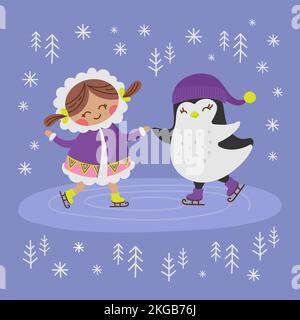 ESKIMO GIRL AND PENGUIN Alaska Winter Holiday Comic Funny Animal Flat Design dessin main dessin vectoriel Illustration Set pour l'impression Illustration de Vecteur