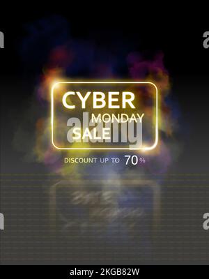 3D illustration, concept de vente Cyber monday, cadre lumineux coloré et fumé, texte publicitaire décoratif sur fond noir Banque D'Images