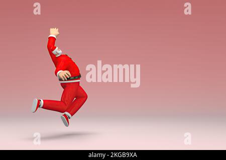 Un homme portant le costume du Père Noël saute. 3d rendu du personnage de dessin animé en action. Banque D'Images
