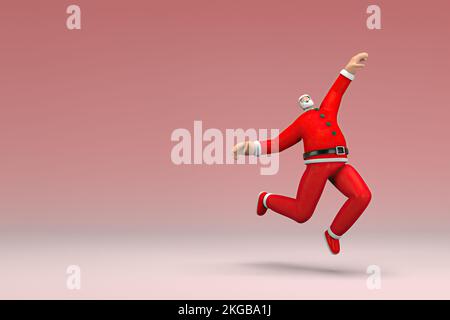 Un homme portant le costume du Père Noël saute. 3d rendu du personnage de dessin animé en action. Banque D'Images
