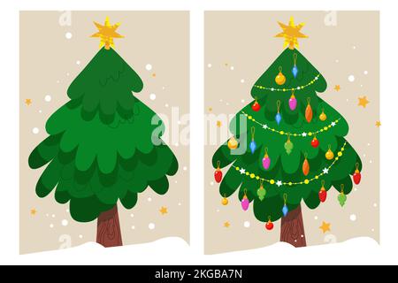 Arbre de Noël avant et après la décoration. Décoration boules, arc et ampoule chaîne décorée arbre de noël. Bonne Année. Vacances d'hiver. Plat Illustration de Vecteur