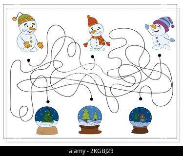 Un jeu de puzzle pour les enfants, allez à travers le labyrinthe. Dessin animé Snowman Illustration de Vecteur