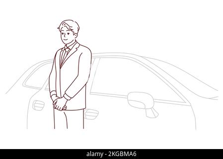 Conducteur de voiture en costume debout près de la voiture attendant le client. Chauffeur en tenue de fabrication travaillant dans une entreprise automobile de luxe. Service de bonne qualité. Illustration vectorielle. Illustration de Vecteur