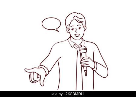 Jeune homme confiant avec microphone faire la parole devant le public. Haut-parleur ou coach masculin souriant avec micro ou faire une présentation. Illustration vectorielle. Illustration de Vecteur