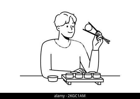 Un homme souriant s'assoit à table dans le restaurant où l'on mange des sushis avec des baguettes. Happy Guy appréciez la cuisine asiatique traditionnelle dans le café ou le bar. Illustration vectorielle. Illustration de Vecteur