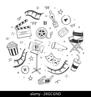 Un film d'arrière-plan. Film d'esquisse dessiné à la main, motif cinéma. Dessin vectoriel de caniche, de popcorn, de ruban adhésif. Illustration de Vecteur