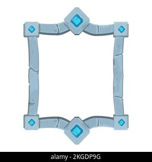 Cadre en pierre avec bordure et pierres précieuses, forme de bouclier, panneau de menu médiéval vide de style dessin animé isolé sur fond blanc. Illustration vectorielle Illustration de Vecteur