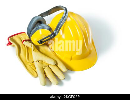 écouteurs casque et gants de construction isolés sur fond blanc Banque D'Images