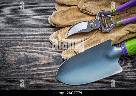 Sécateurs à bêche à main gants de sécurité en cuir sur bois de jardinage concept. Banque D'Images