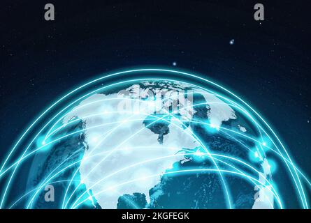Le monde connecté... bienvenue dans le futur. Une vue rognée du monde avec des pays reliés par des réseaux d'information. Banque D'Images