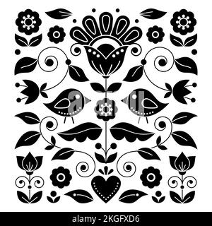 Carte de vœux scandinave à motif vectoriel noir et blanc ou motif invité inspiré des motifs de broderie traditionnels suédois, décoration rétro Illustration de Vecteur