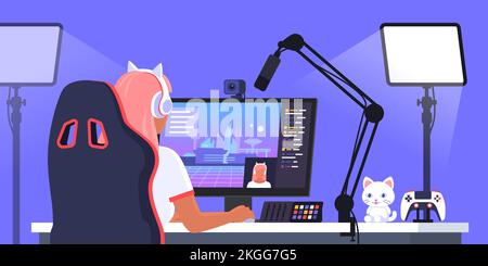 Professionnel mignon gamer fille jouant des jeux vidéo en ligne: Jeux vidéo Live streaming plate-forme concept Illustration de Vecteur