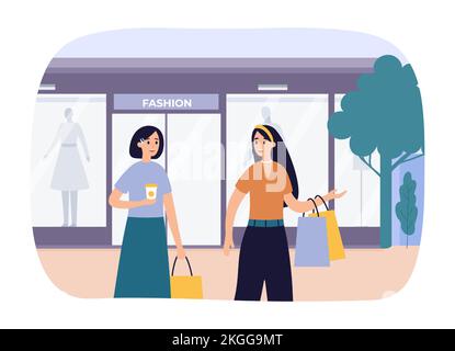 Amis shopping, deux filles vont à la vente de vêtements Illustration de Vecteur