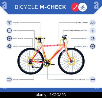 Infographie sur les vélos m-check avec icônes de pièces de vélo, comment effectuer un contrôle avant le départ et conduire en toute sécurité Illustration de Vecteur