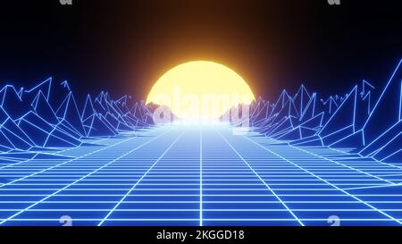 Coucher de soleil rétro au néon. Vaporwave vintage 3D néons paysage.rendu 3D Banque D'Images