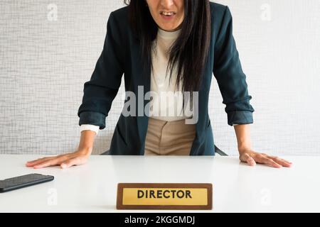 Jeune caucasien brune entreprise femme directrice dans le jure de bureau à vous pov avec le visage en colère vous mock Banque D'Images