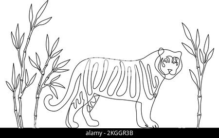 Tigre debout entre les plantes de bambou illustration vectorielle de style moderne. Dessin d'une seule ligne Illustration de Vecteur