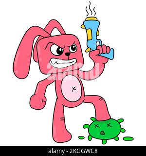 Illustration vectorielle d'un personnage de dessin animé de lapin qui tue le virus isolé sur fond blanc Illustration de Vecteur