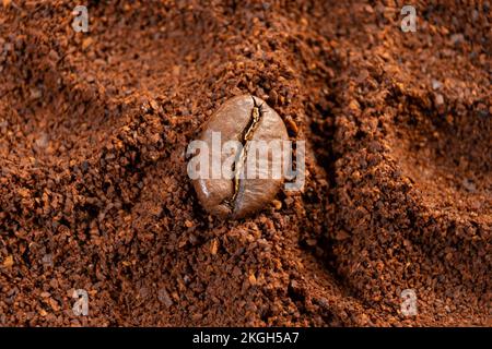 Café moulu prêt pour la préparation, vue du dessus du café, une graine posée sur le café moulu. Banque D'Images