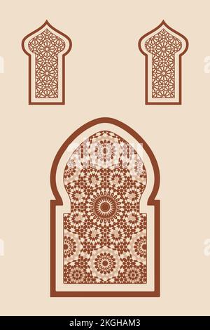 Fenêtres, portes et arches de style oriental islamique, ensemble d'affiches du milieu du siècle. Géométrique abstrait contemporain marocain. Illustration de Vecteur