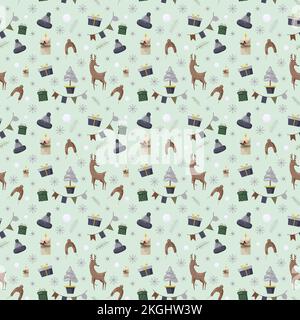 Motif de Noël avec sapin, père noël, décoration, cadeaux. Motif de Noël sans coutures idéal pour le textile, l'emballage, le papier peint et le design. Illustration de Vecteur