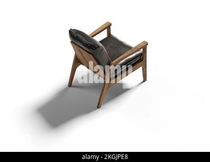 Fauteuil confortable en cuir noir à angle haut isolé sur fond blanc avec Clipping Path Banque D'Images