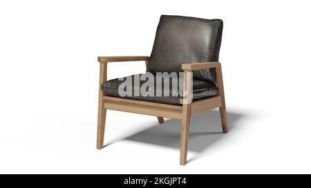 Confortable fauteuil en cuir noir isolé sur fond blanc avec Clipping Path Banque D'Images