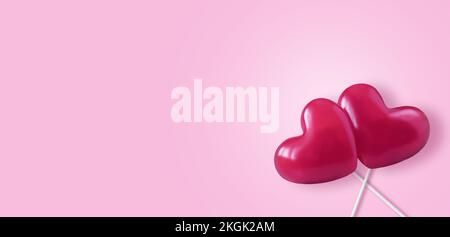 Deux coeur rose Saint-Valentin sur fond de papier rose pastel vide. Concept d'amour, vue de dessus. Style boxer minimaliste coloré. Banque D'Images
