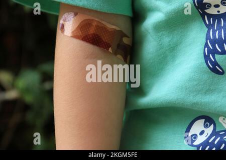 Le bras d'un tout-petit avec un bandage après un test sanguin. Banque D'Images