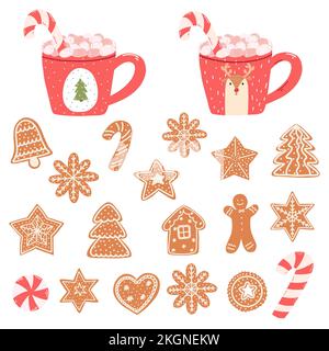 Mignons mugs avec guimauves, canne à sucre et biscuits au pain d'épice dans un style de dessin animé. Illustration vectorielle dessinée à la main de boissons chaudes et de bonbons de Noël Illustration de Vecteur