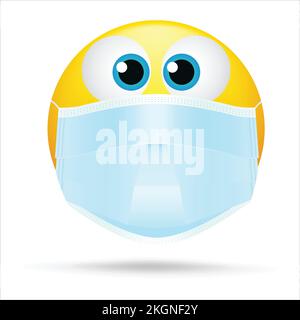 Emoji avec masque buccal - visage jaune avec yeux ouverts portant un masque chirurgical blanc, Emoji portant un masque facial, Emoji jaune avec masque facial Illustration de Vecteur