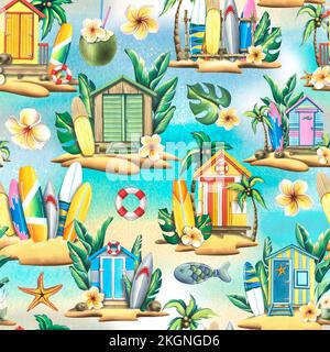 Planches de surf, maisons de plage en bois, plantes tropicales et fleurs. Illustration aquarelle. Motif fluide sur fond turquoise depuis LE SURF Banque D'Images